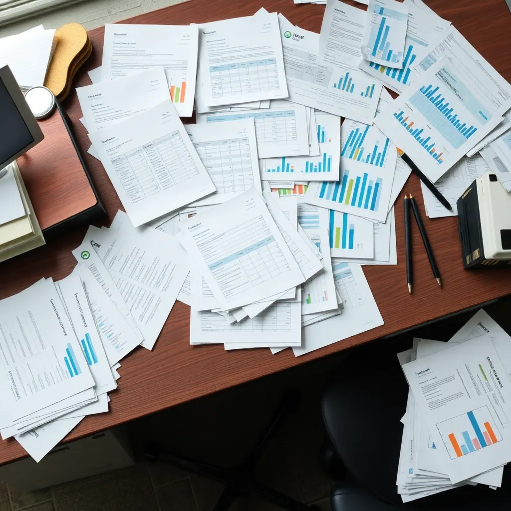Messy office desk with scattered papers and spreadsheets