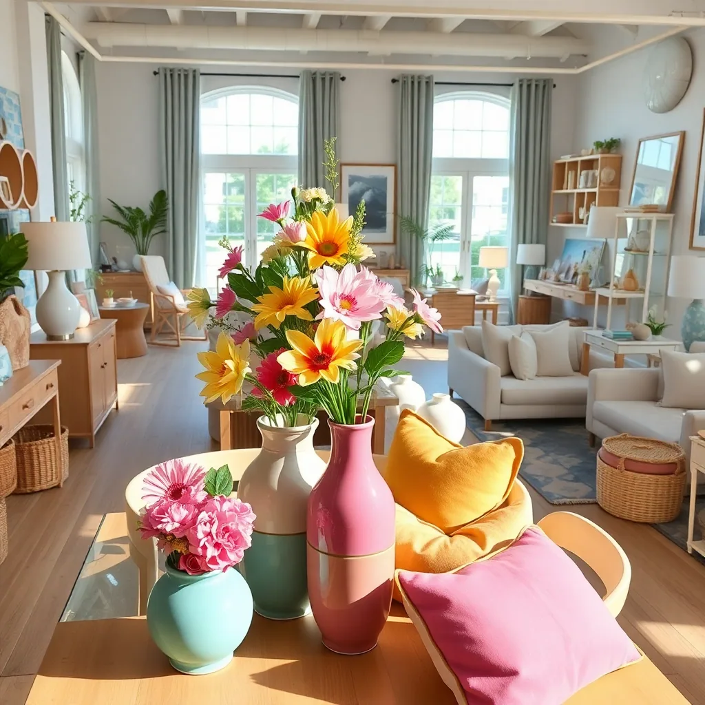 Modern home decoration showroom with colorful ceramic vases, decorative pillows, woven baskets and natural lighting